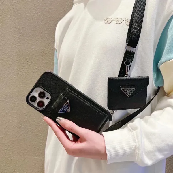 Prada Saffiano Leather Phone Case with Card Holder and Mini Crossbody Pouch Black Phone Accessories - 1