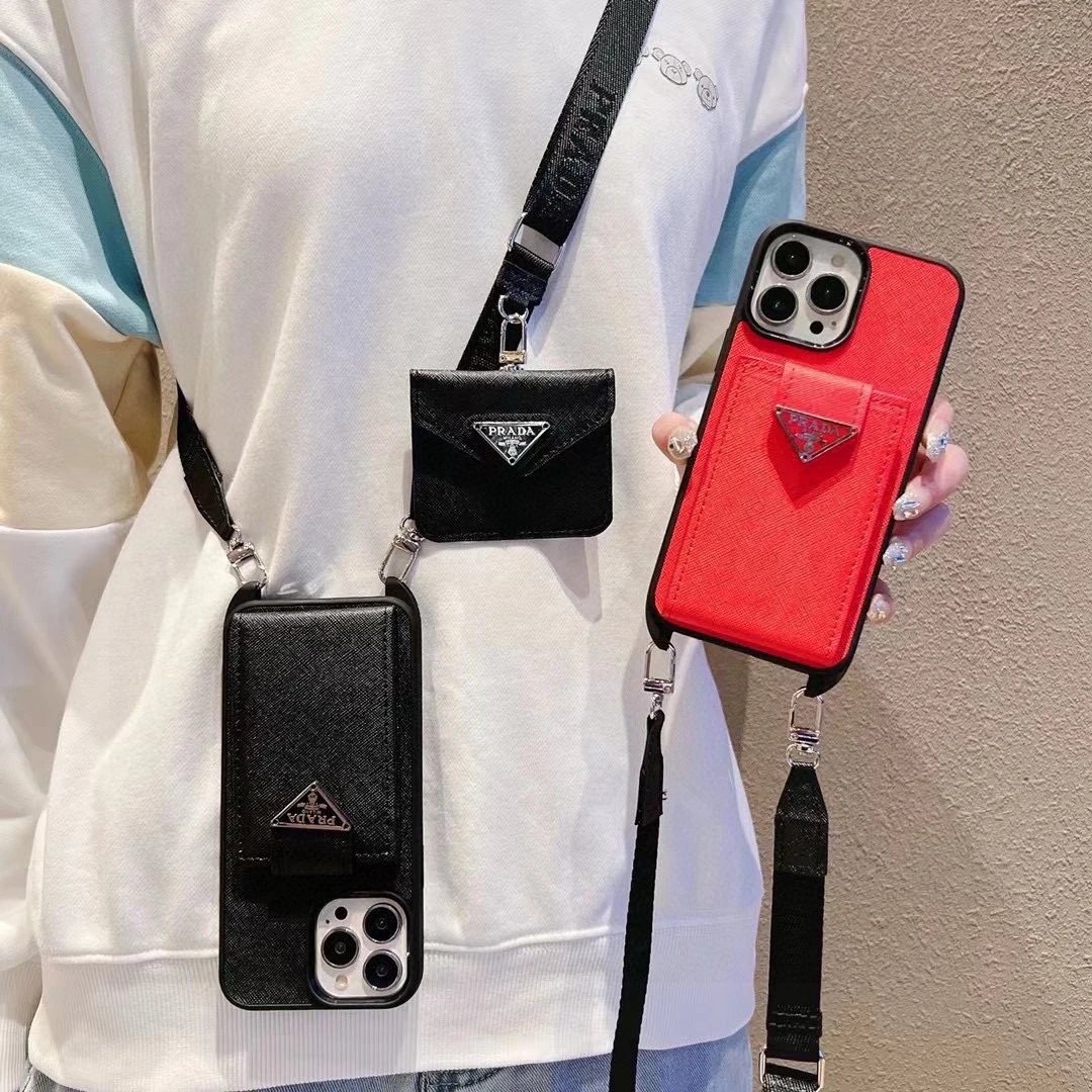 Prada Saffiano Leather Phone Case with Card Holder and Mini Crossbody Strap in Red Phone Accessories - 74