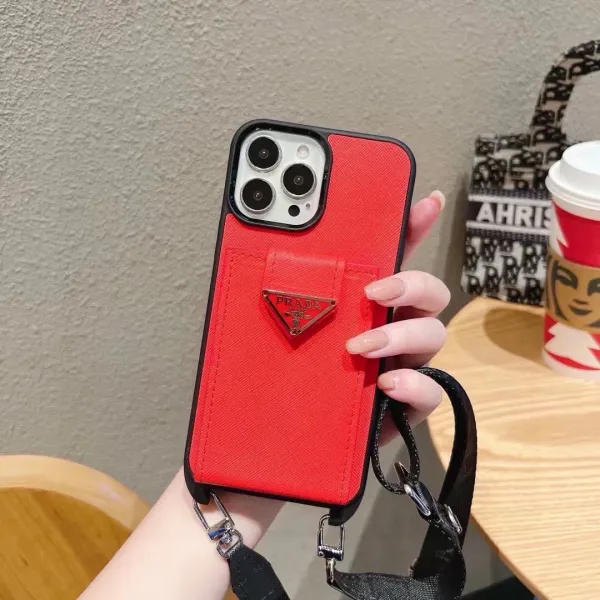 Prada Saffiano Leather Phone Case with Card Holder and Mini Crossbody Strap in Red Phone Accessories - 70