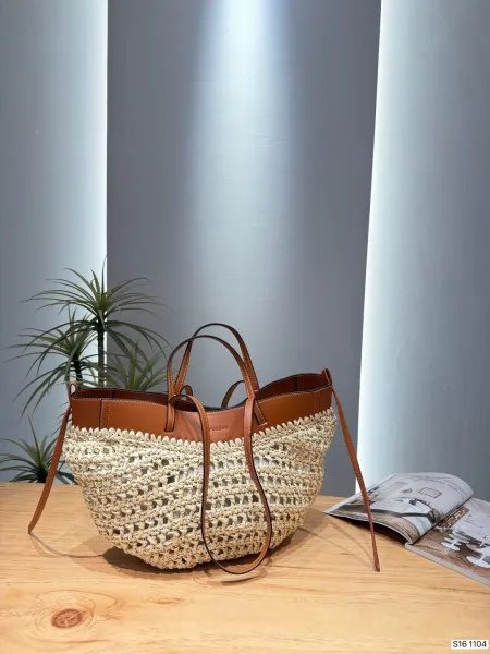 Design Polène Le Panier Natural Straw Tote Bag with Tan Leather Trim Handbags - 1