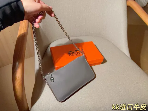 Hermès Mini Pochette Chain Gray Leather Crossbody Bag - 1