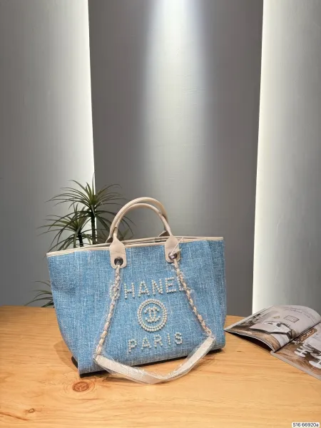 Chanel Deauville Tote Bag Light Blue Tweed with Pearl Embroidery Handbag - 1