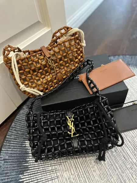 Saint Laurent Beaded Woven Mini Bag Natural Brown Shoulder Bags - 2