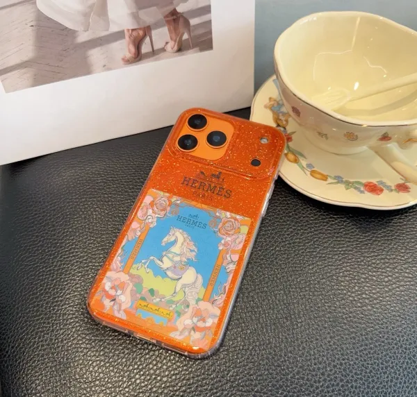 Hermès x iPhone Case Orange Glitter Horse Print Phone Case - 1
