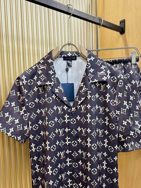 Louis Vuitton Monogram Print Silk Shirt and Shorts Set White Lime Green - 21