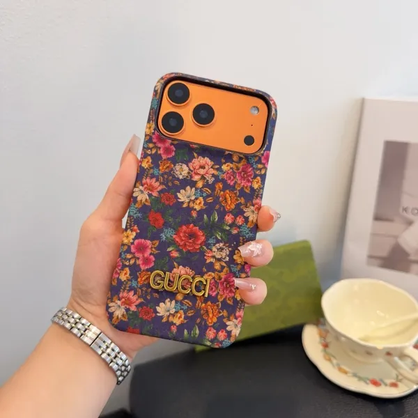 Gucci Floral Print Phone Case with Gold Logo Purple - 1