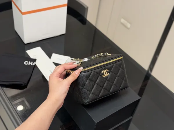 Chanel Mini Vanity Bag Lemon Yellow Quilted Caviar Leather Chain Bag Clutches - 32
