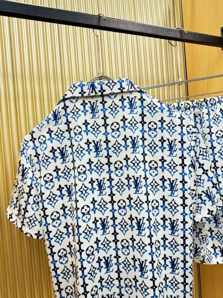 Louis Vuitton Monogram Print Silk Shirt and Shorts Set White Lime Green - 10