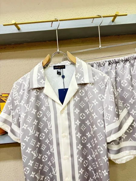 Louis Vuitton Monogram Print Silk Shirt and Shorts Set White Lime Green - 30