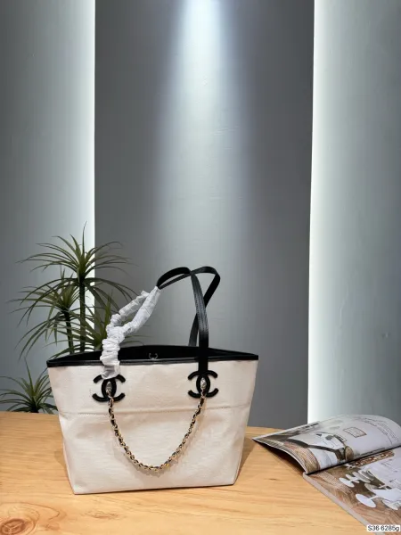 Chanel Canvas Tote Bag Beige with Black Leather Trim and Gold Chain Handle - 1