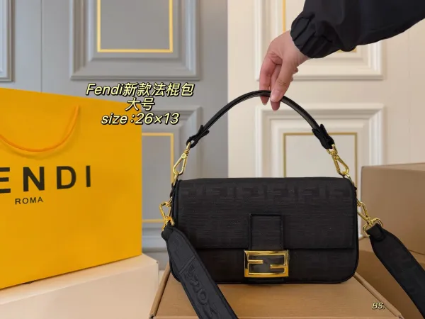 Fendi Baguette Mini Beige FF Logo Chain Shoulder Bag - 25