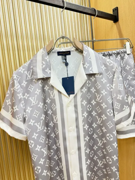 Louis Vuitton Monogram Print Silk Shirt and Shorts Set White Lime Green - 24