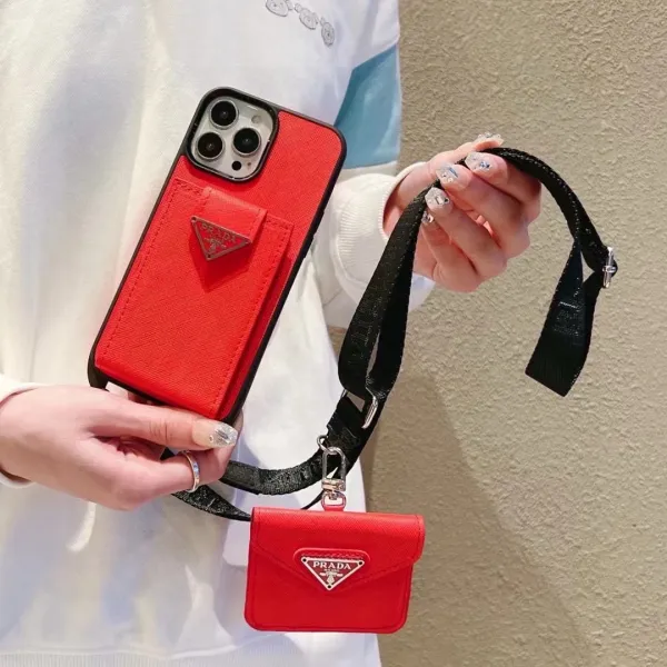 Prada Saffiano Leather Phone Case with Card Holder and Mini Crossbody Strap in Red Phone Accessories - 69