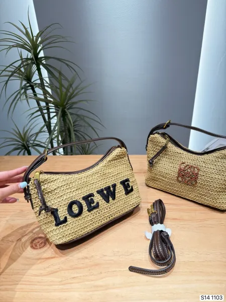 Loewe Raffia Mini Hobo Bag Beige with Black Logo Shoulder Bags - 1