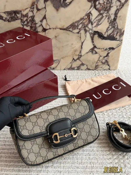 Gucci Horsebit 1955 Mini Bag Beige GG Marmont Canvas Crossbody Bag - 1