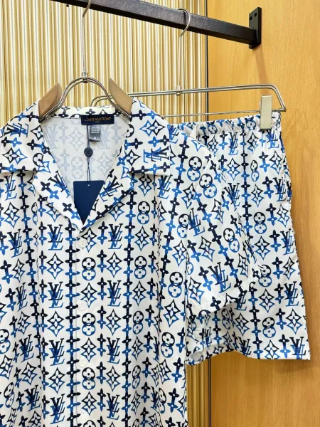 Louis Vuitton Monogram Print Silk Shirt and Shorts Set White Lime Green - 4