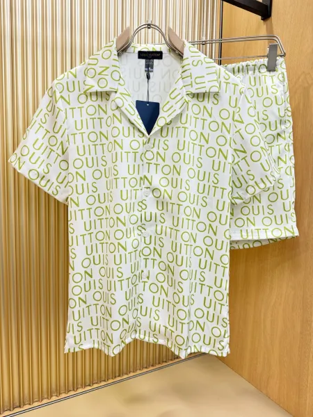 Louis Vuitton Monogram Print Silk Shirt and Shorts Set White Lime Green - 26