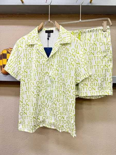 Louis Vuitton Monogram Print Silk Shirt and Shorts Set White Lime Green - 35