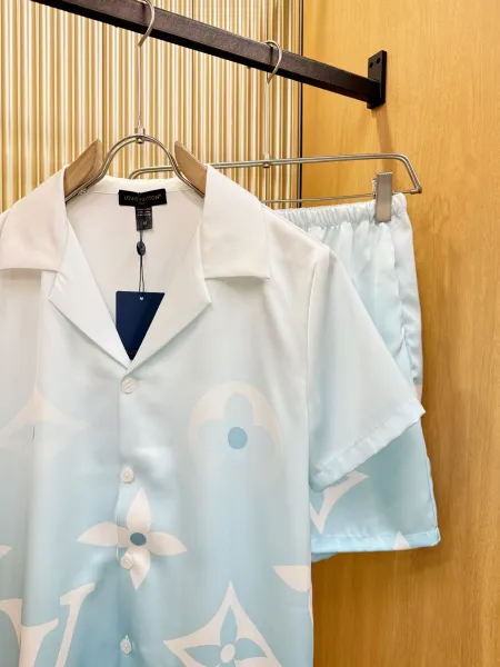 Louis Vuitton Monogram Print Silk Shirt and Shorts Set White Lime Green - 40