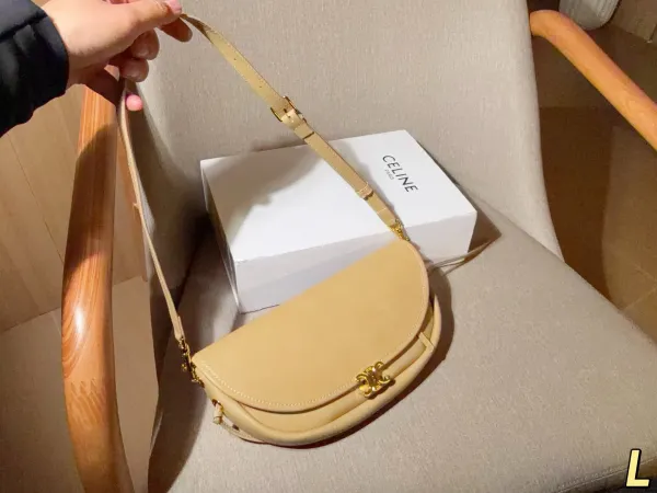 Celine Triomphe Saddle Bag Beige Leather Crossbody Bag - 6