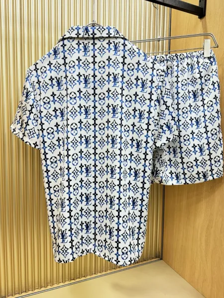 Louis Vuitton Monogram Print Silk Shirt and Shorts Set White Lime Green - 9
