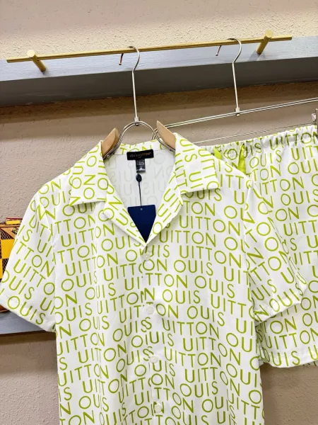 Louis Vuitton Monogram Print Silk Shirt and Shorts Set White Lime Green - 36
