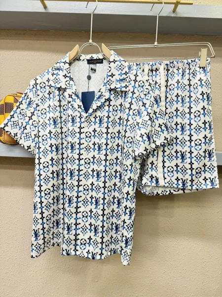 Louis Vuitton Monogram Print Silk Shirt and Shorts Set White Lime Green - 17