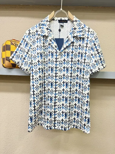 Louis Vuitton Monogram Print Silk Shirt and Shorts Set White Lime Green - 19