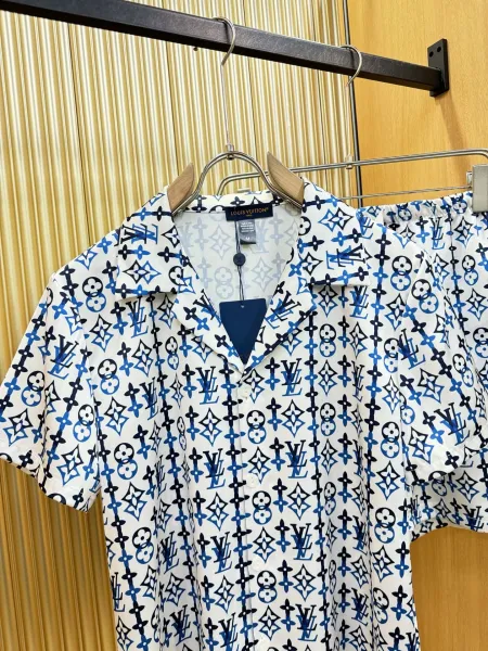 Louis Vuitton Monogram Print Silk Shirt and Shorts Set White Lime Green - 3