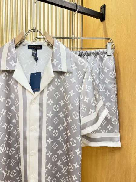 Louis Vuitton Monogram Print Silk Shirt and Shorts Set White Lime Green - 25
