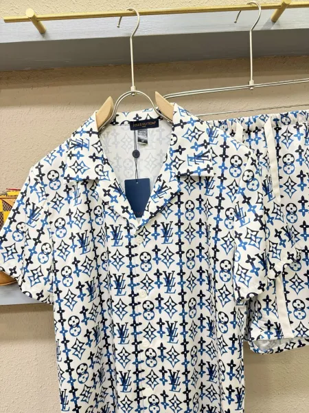 Louis Vuitton Monogram Print Silk Shirt and Shorts Set White Lime Green - 18