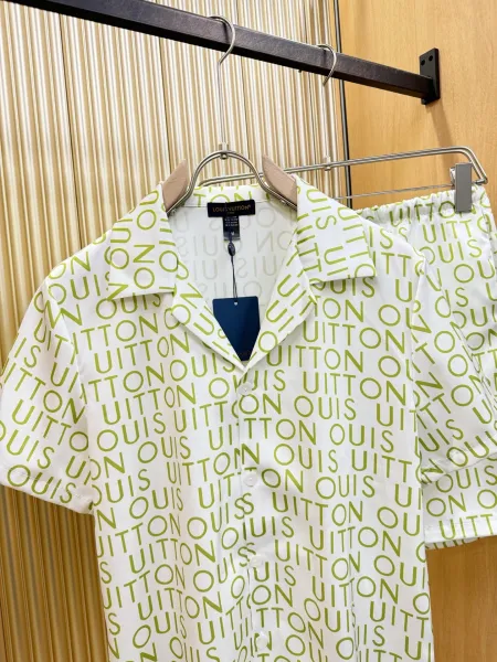 Louis Vuitton Monogram Print Silk Shirt and Shorts Set White Lime Green - 27
