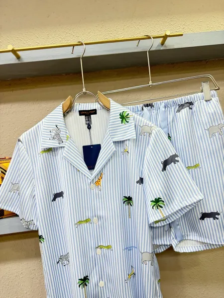 Louis Vuitton Monogram Print Silk Shirt and Shorts Set White Lime Green - 15