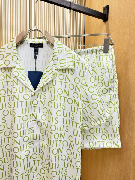 Louis Vuitton Monogram Print Silk Shirt and Shorts Set White Lime Green - 28