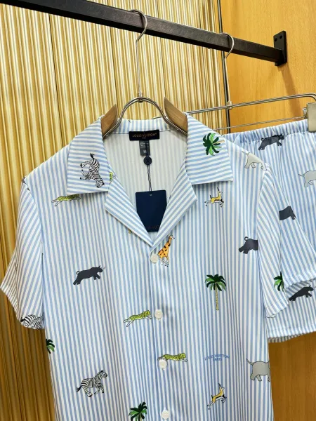 Louis Vuitton Monogram Print Silk Shirt and Shorts Set White Lime Green - 12