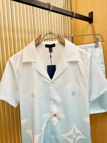 Louis Vuitton Monogram Print Silk Shirt and Shorts Set White Lime Green - 39