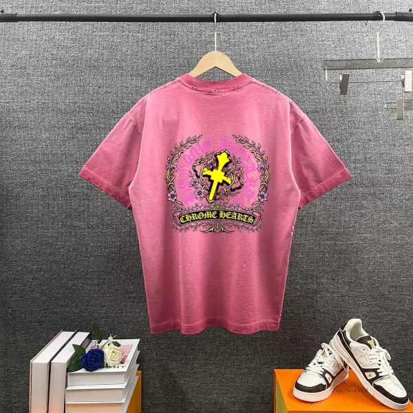 Chrome Hearts Floral Cross Print Pink T-Shirt - 1