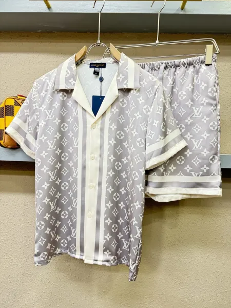 Louis Vuitton Monogram Print Silk Shirt and Shorts Set White Lime Green - 29