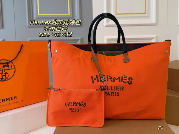 Hermès Orange Canvas Tote Bag with Mini Pouch - 1