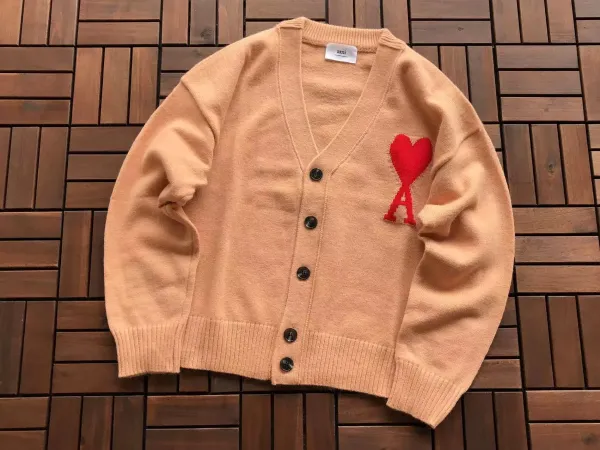 Ami Paris Heart Logo Cardigan Beige Sweater - 1