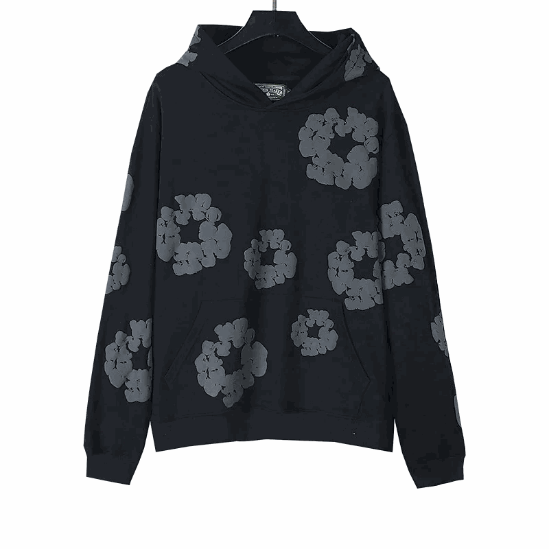 Black Hooded Sweatshirt with Gray Floral Design