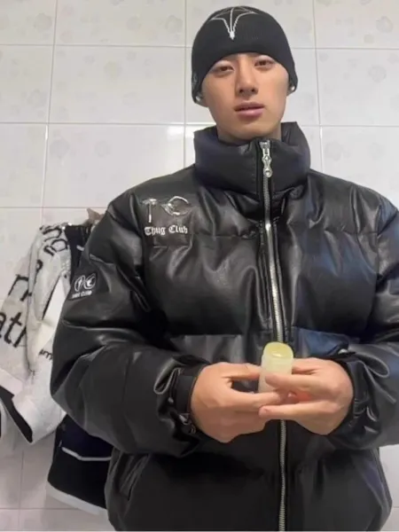 Design Puffer Jacket with Embroidered 'Thug Club' Motif Black Leather-Effect Outerwear - 13