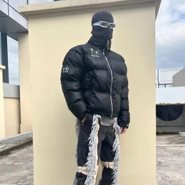 Design Puffer Jacket with Embroidered 'Thug Club' Motif Black Leather-Effect Outerwear - 12