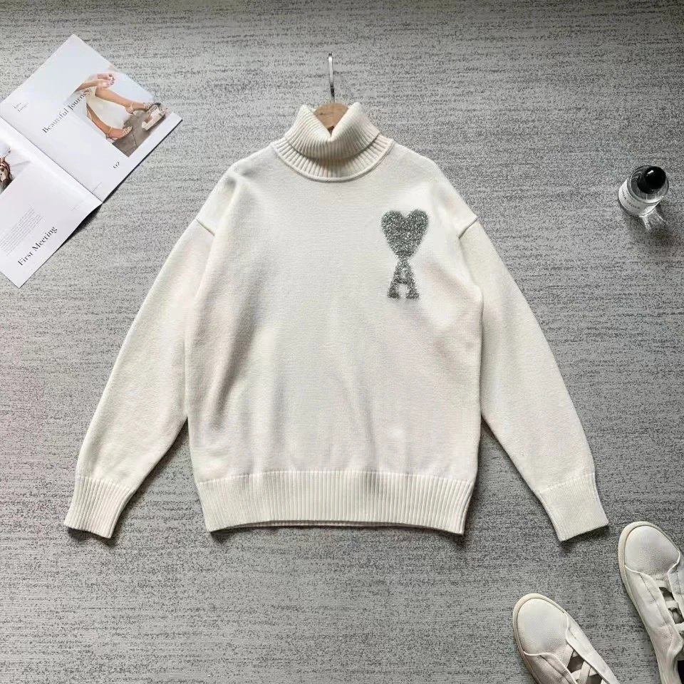 Ami Paris Heart Logo Turtleneck Sweater Beige - 1