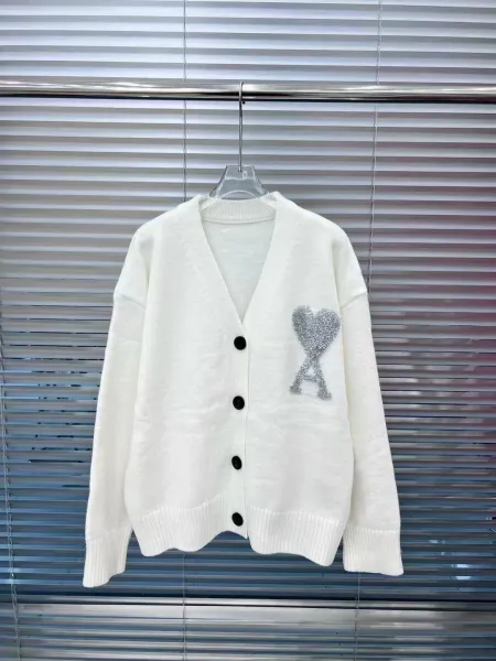 Ami Paris Heart Logo Knit Cardigan White - 1