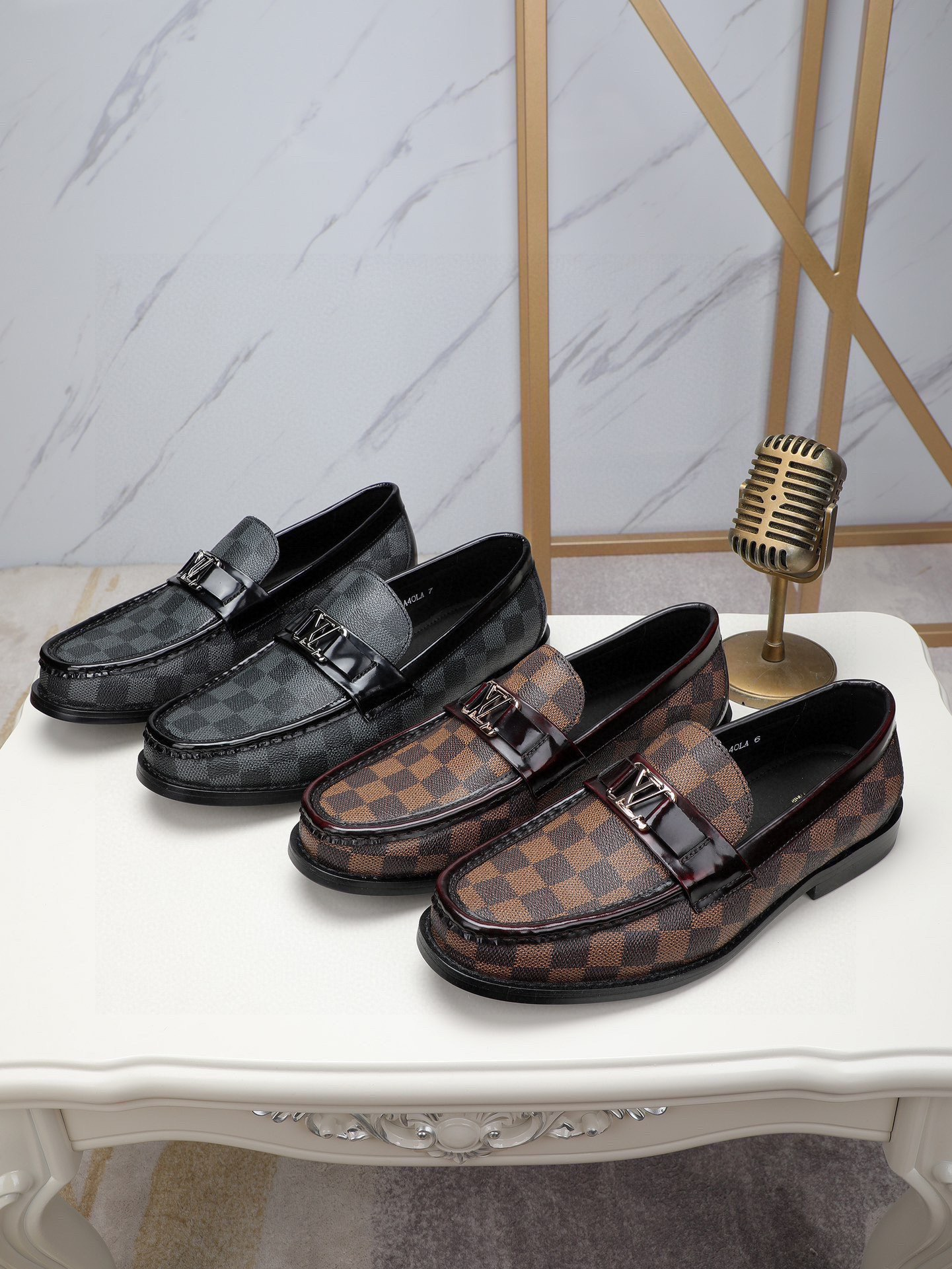 Design Checkerboard Loafer Brown Multicolor Leather Shoes - 3