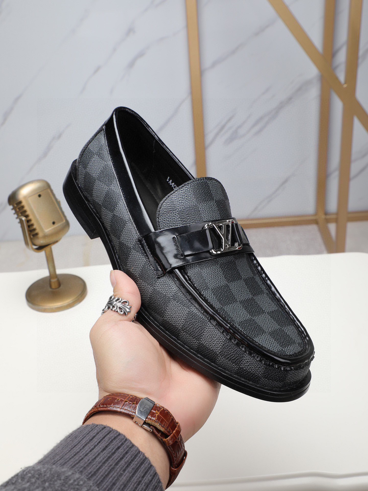 Design Checkerboard Loafer Brown Multicolor Leather Shoes - 4