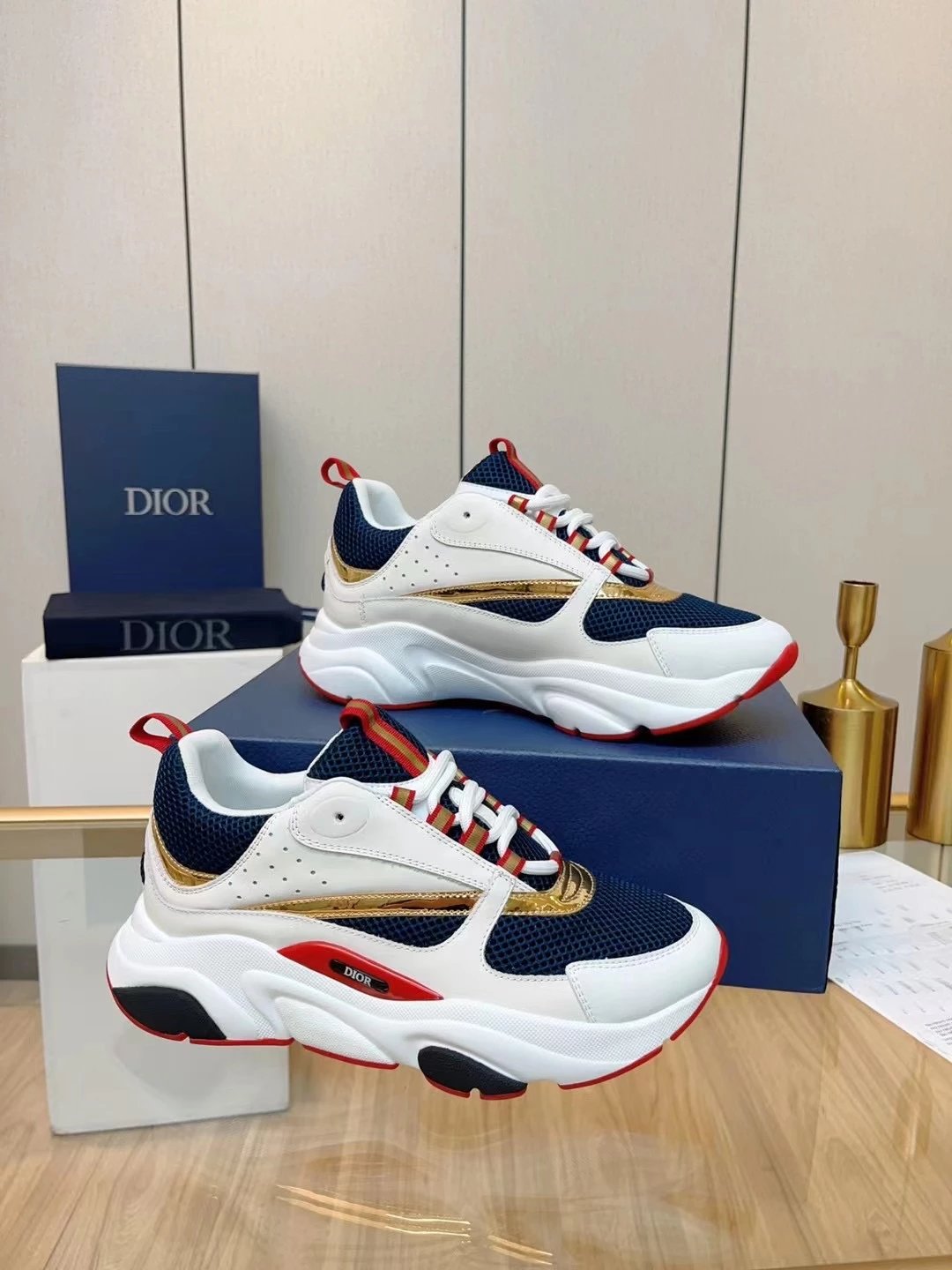 Dior White Navy Gold Sneakers with Red Accents - 131089