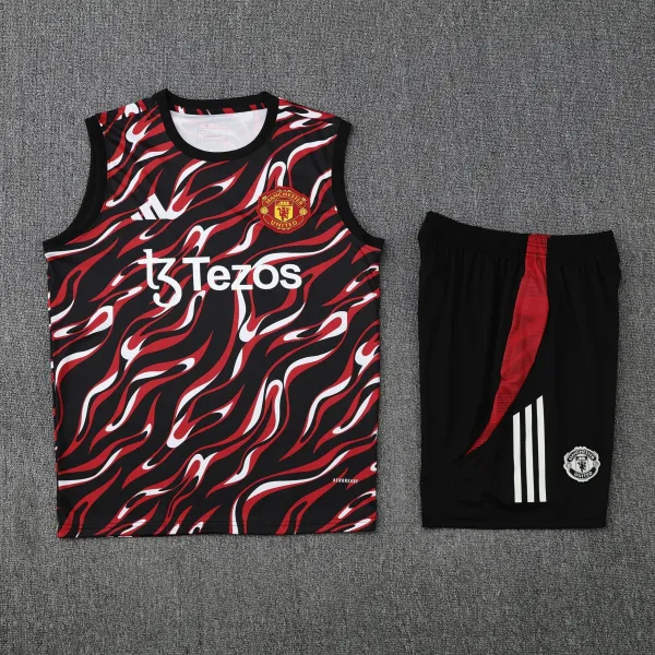 Manchester United x Adidas Training Vest and Shorts Set Black Red Flame Print Activewear - 1