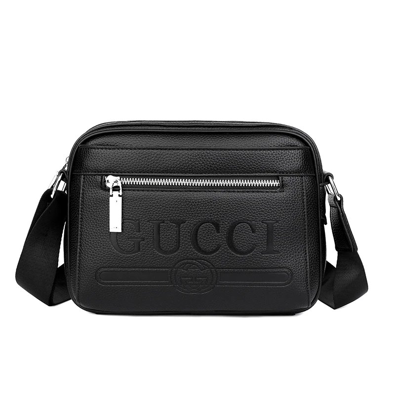 Gucci Logo Embossed Messenger Bag Large Black Grained Leather